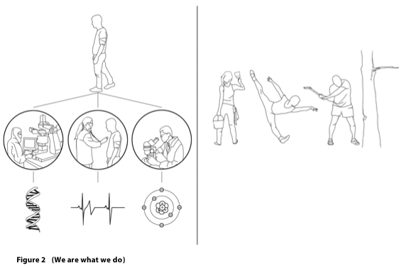 This image illustrates only 3 possible perspectives through which an individual can be described: genetic code/DNA, body temperature, or physical matter. Another description is “We are what we do.” That is, the variety of activities we engage in during our lifetime defines us. When we paint our home, we are house painters; when we exercise, we are runners, walkers, weight-lifters, etc.; when we cut a tree, this practical activity defines our identity during the action.